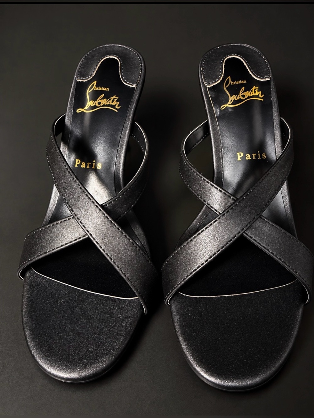Christian Louboutin Black Leather Crisscross Slide Heels